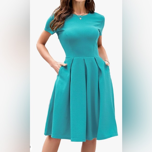 NWOT - oxiuly Vintage Half Sleeve O-Neck Casual Pockets Party Swing Dress - Picture 2 of 5